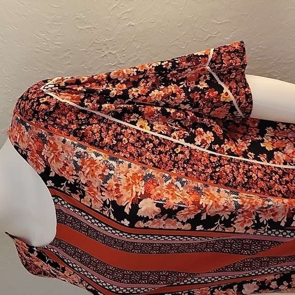 5/$25 Roz & ALI Coral Floral Rose Stripe Waist Tie Blouse FLAWED - Picture 5 of 11